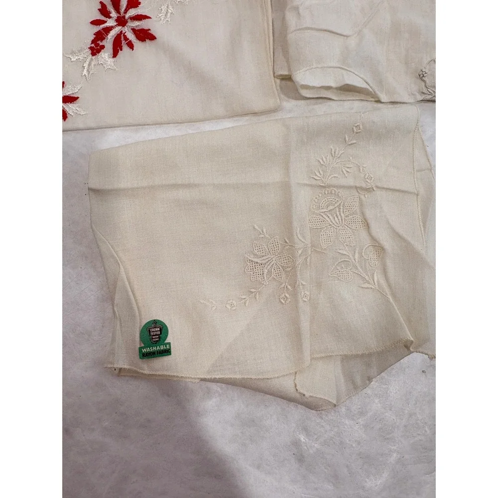Vintage Handkerchief‎ Lot 5pc Embroidered Floral Lace Rayon White Cream Red